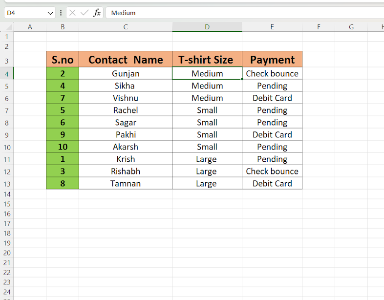 Sorting data in Excel